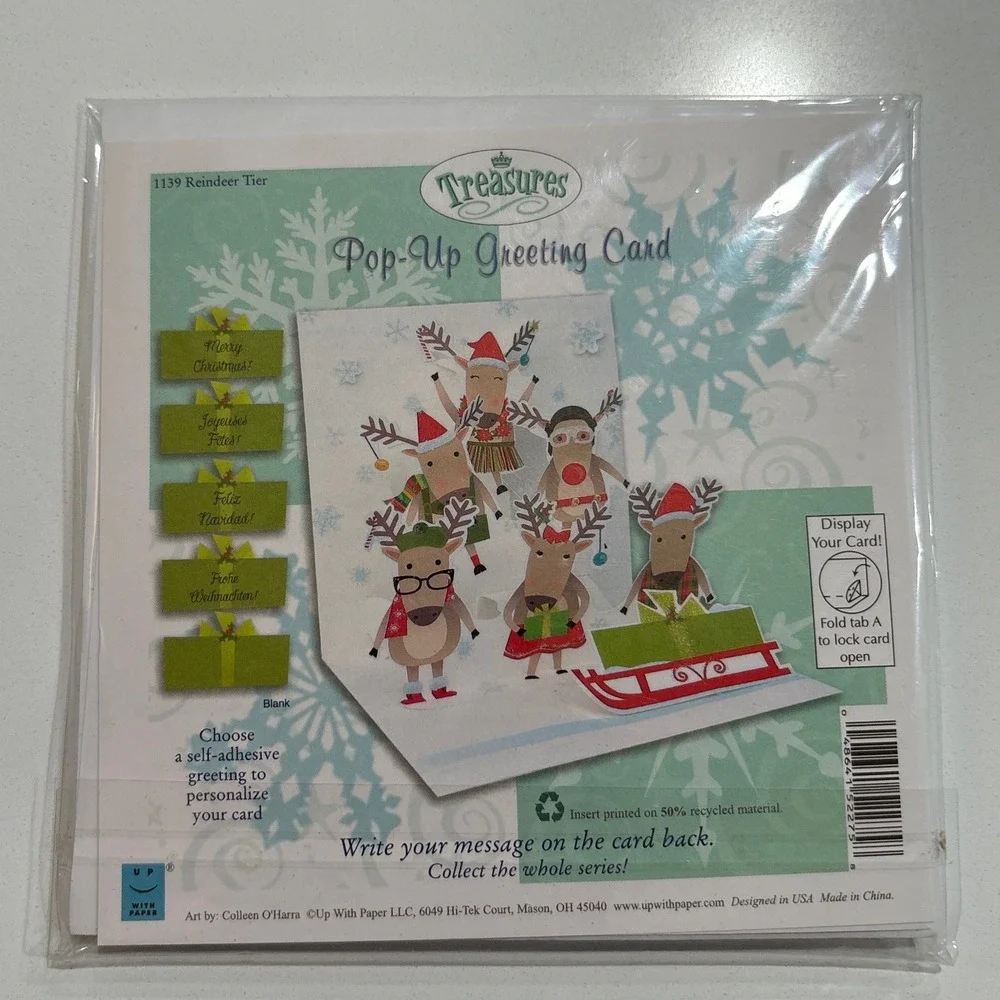 2 Treasures‎ Pop-Up Christmas Greeting Cards Reindeer Penguin New
